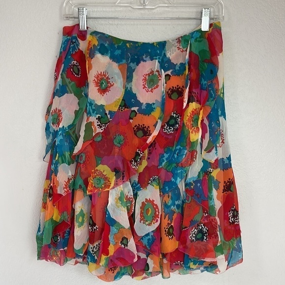 Worth Petite Women's 100% Silk Colorful Ruffle Floral Flower Print Skirt Size 4 - Picture 1 of 10